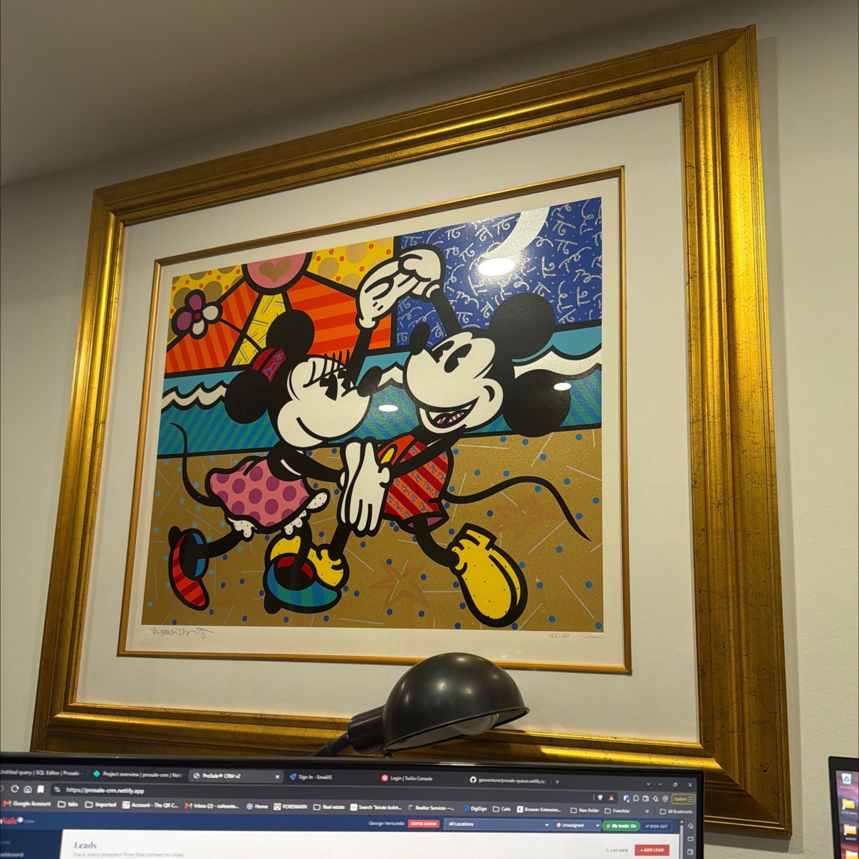 Romero Britto Mickey & Minnie Mouse Limited Edition Numbered Serigraph in Gold Gilt Frame — Disney Pop Art