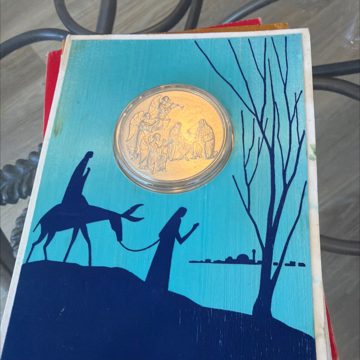 Vintage Christmas Nativity Commemorative Coin in Acrylic Capsule with Silhouette Holiday Card
