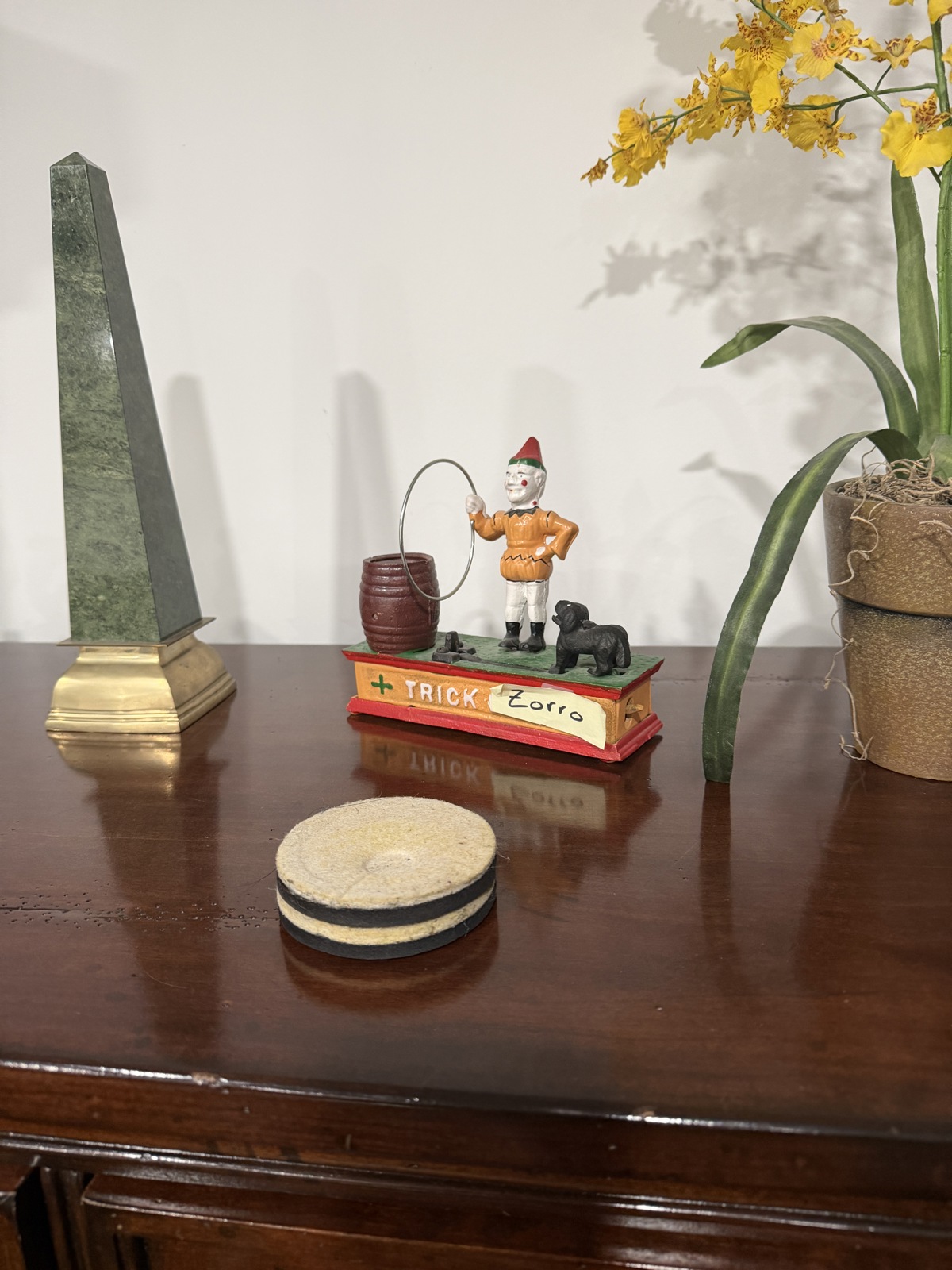 Antique Cast Iron 'Trick Zorro' Clown & Dog Mechanical Coin Bank with Hoop