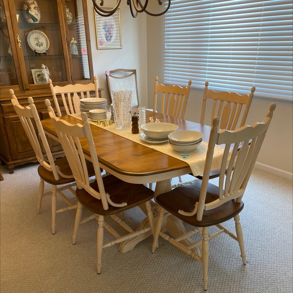 Farmhouse Two-Tone Double Pedestal Dining Table with 6 Pressback Chairs