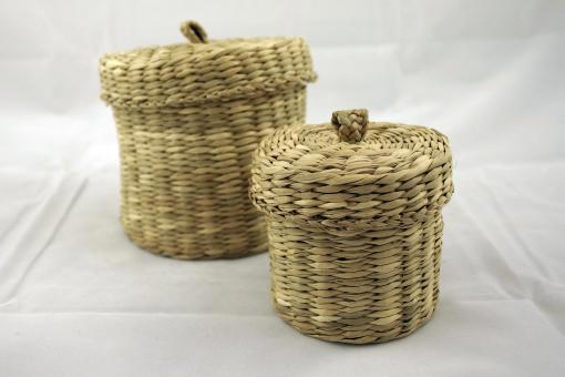 Pair of Handwoven Seagrass Lidded Baskets
