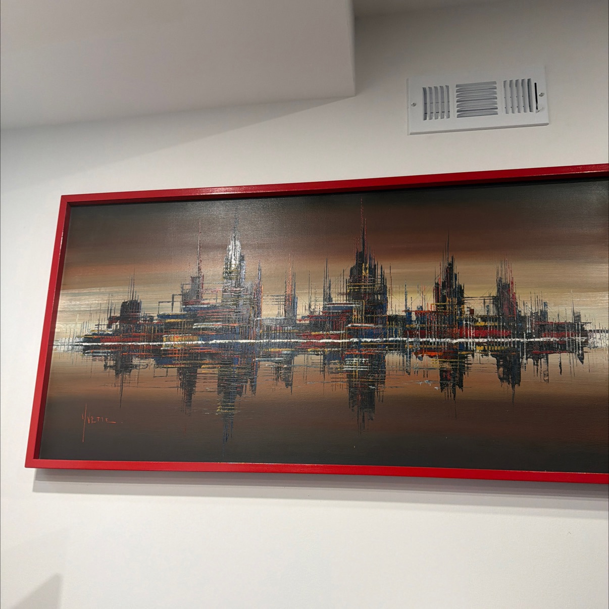 Mid-Century Modern Abstract Cityscape Oil Painting with Red Frame, Signed