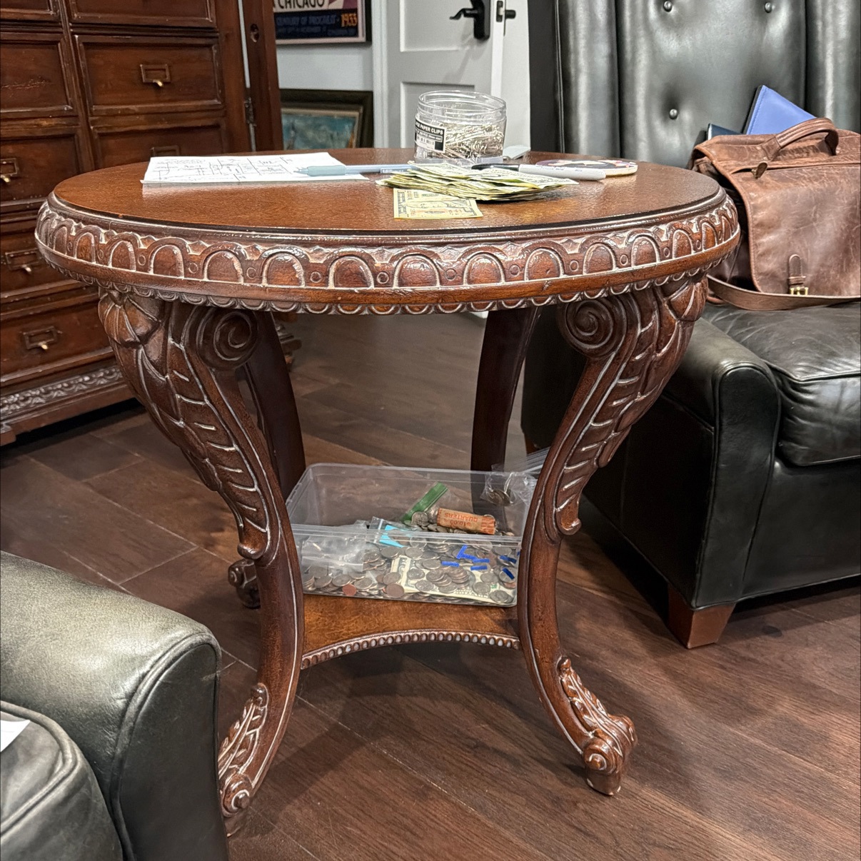 Antique Victorian Carved Mahogany Oval Parlor Table with Cabriole Legs & Lower Shelf