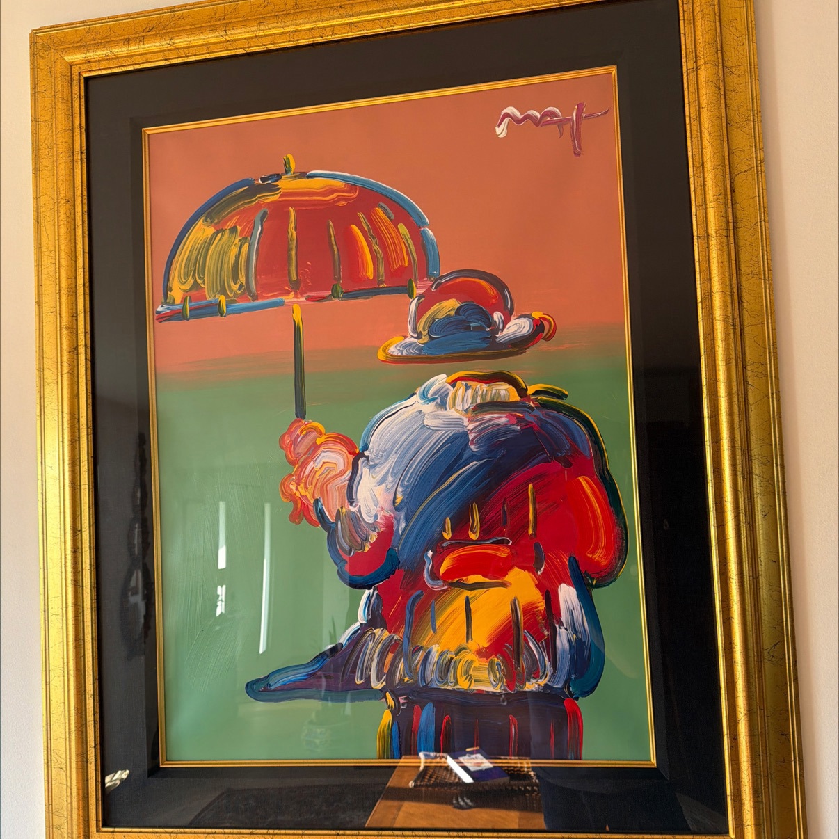 Peter Max 'Umbrella Man' Signed Artwork in Gold Gilt Frame — Large Format