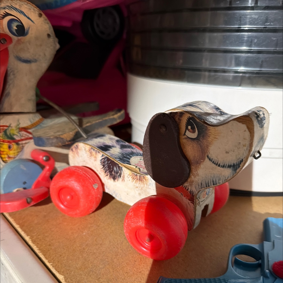 Vintage Fisher-Price Little Snoopy Wooden Pull Toy Dog with Red Plastic Wheels 1960s-70s