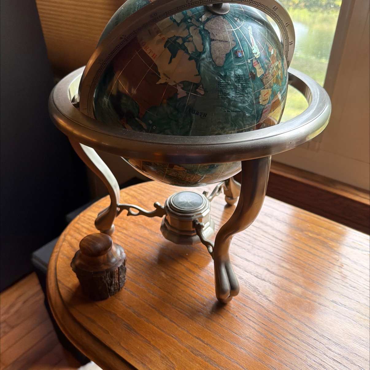 Gemstone Inlay World Globe on Brass Tripod Stand with Compass Base