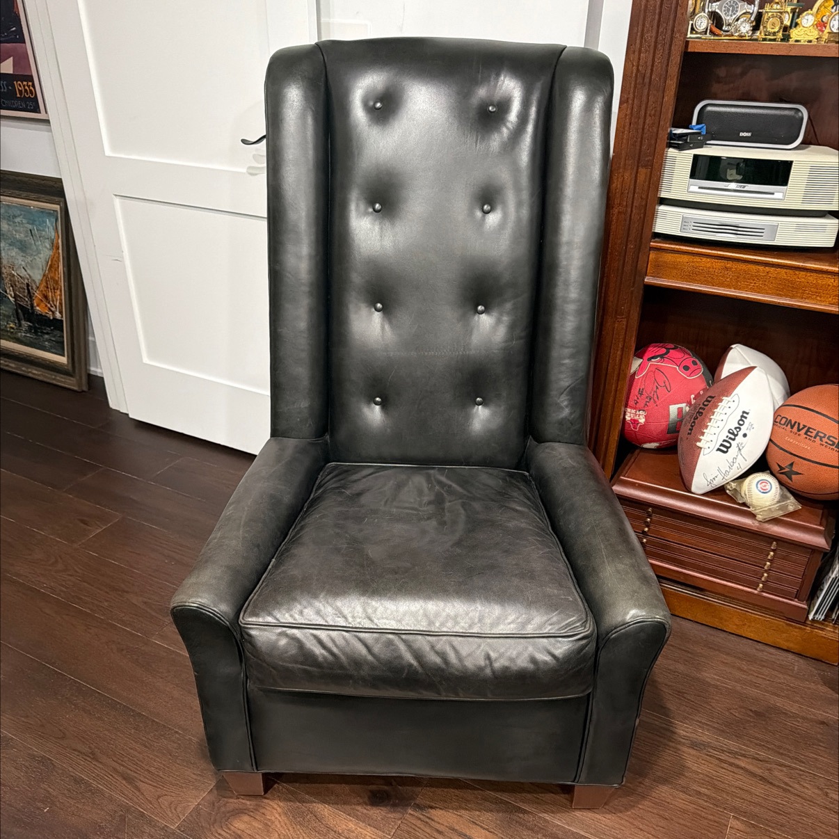 Black Leather Button-Tufted High-Back Armchair with Wood Legs