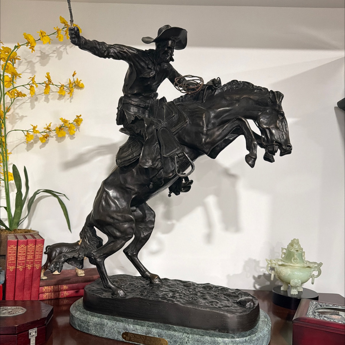 Large 'Bronco Buster' After Frederic Remington Bronze Sculpture on Green Marble Base