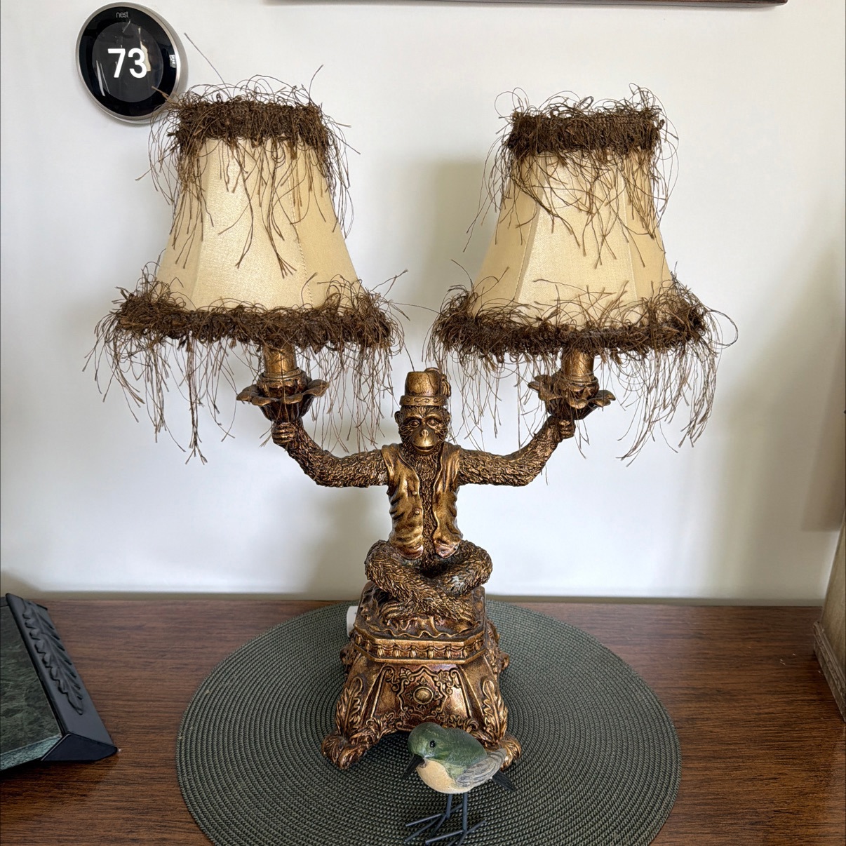Chinoiserie Monkey Figural Double-Arm Table Lamp with Fringe Shades