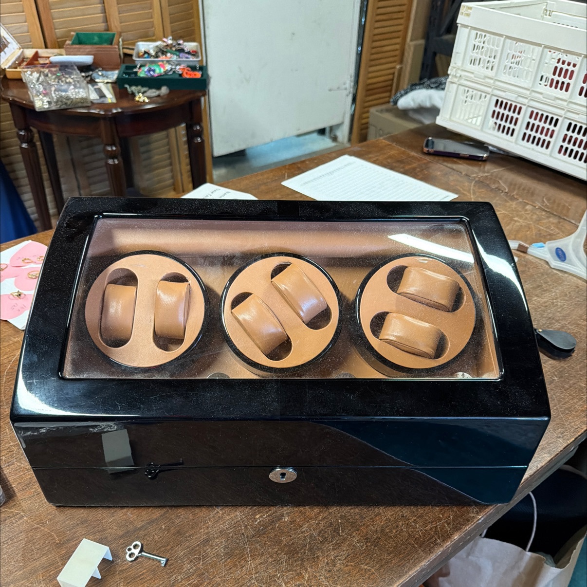 Triple Automatic Watch Winder Box – 6-Slot Piano Black Lacquer with Glass Top & Lock